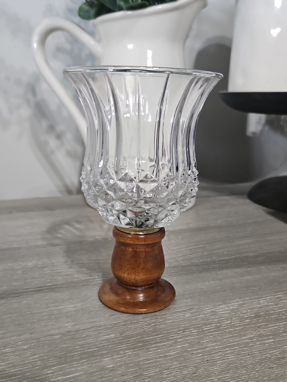 Vintage Homco Votive Cup Clear Glass Chantilly With Wooden Base